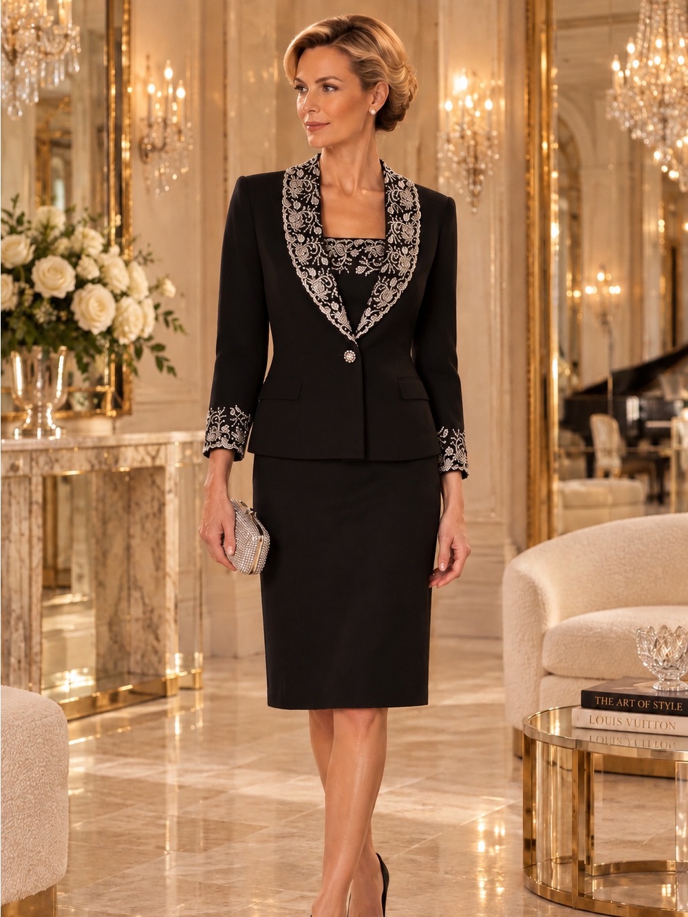 St. John Evening Black Embroidered Rhinestone Jacket & Crystal Sheath Dress Set
